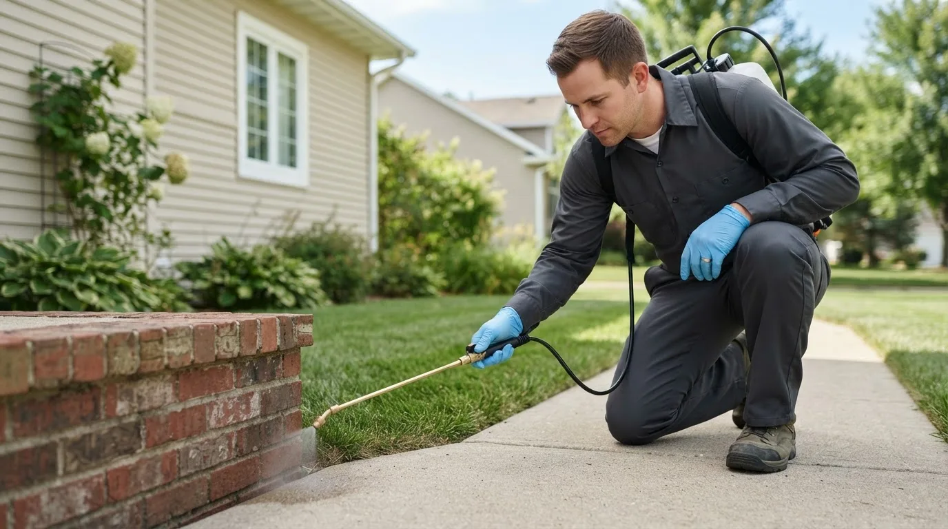 Pest control technician treating a home near Algona, IA