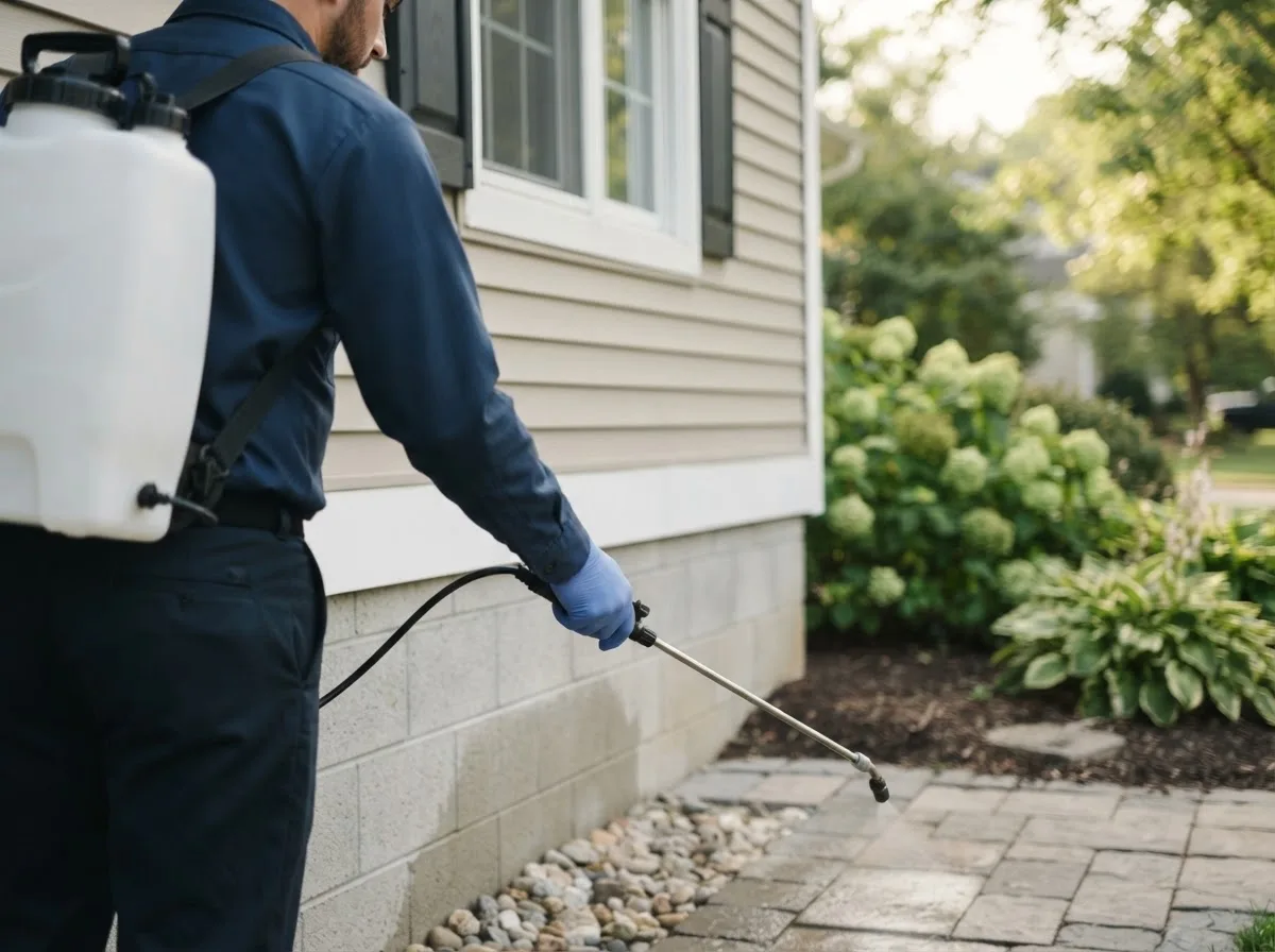 Pest control technician inspecting a home in Algona, IA